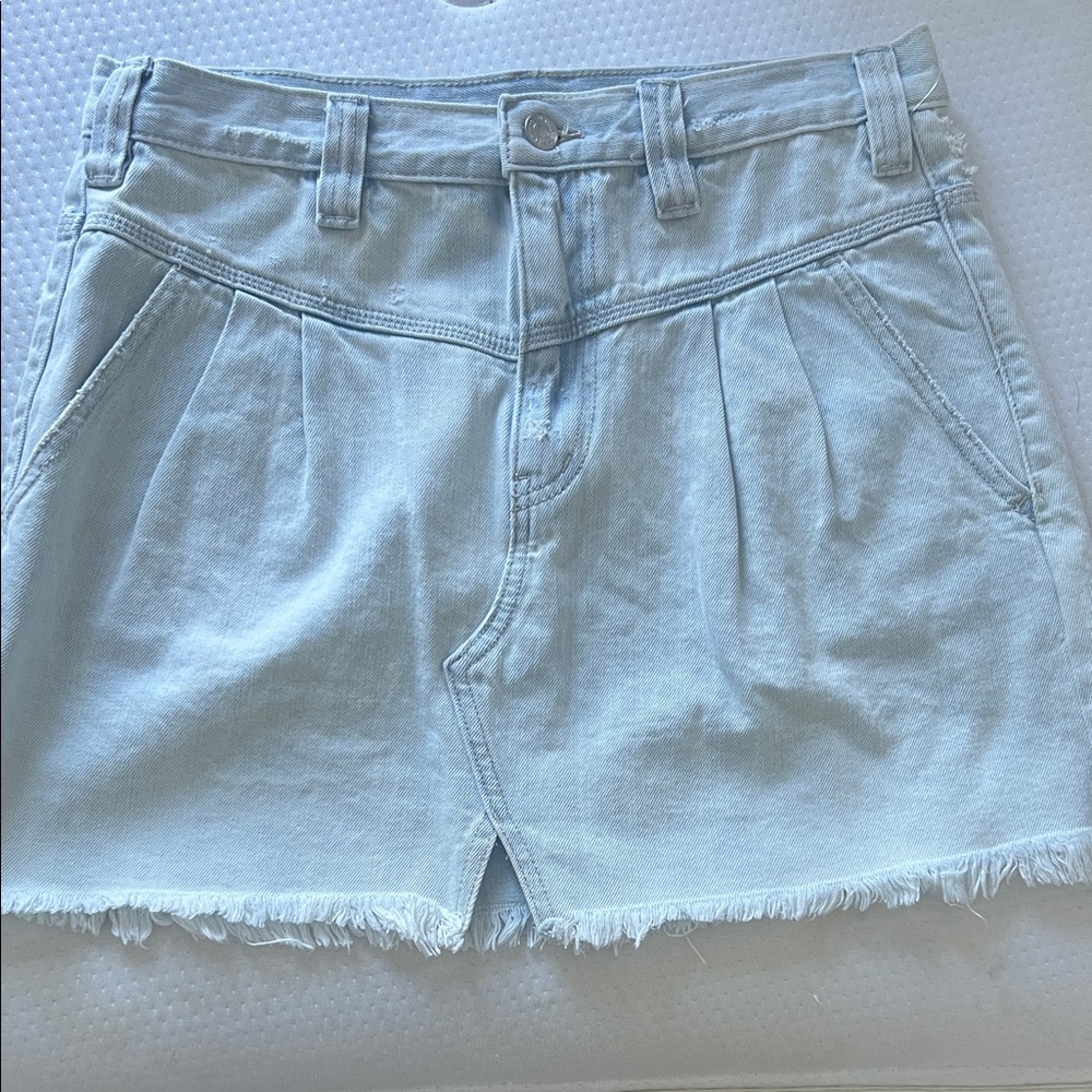 We The Free Light Blue Denim Mini Skirt with Frayed Hem